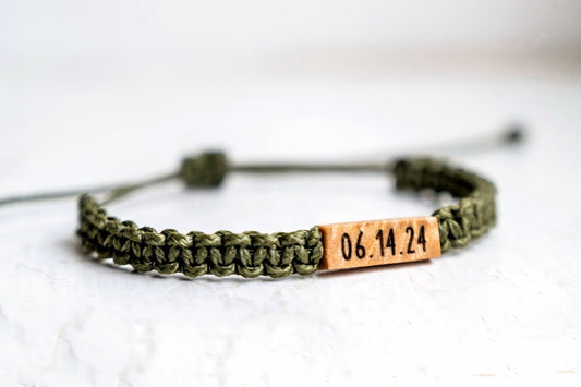 Personalizable Maple Wood Adjustable Bracelet | Macrame Hand Knotted Paracord | Reclaimed Wood | Custom Wood Burned Date/Initial/Name/Word