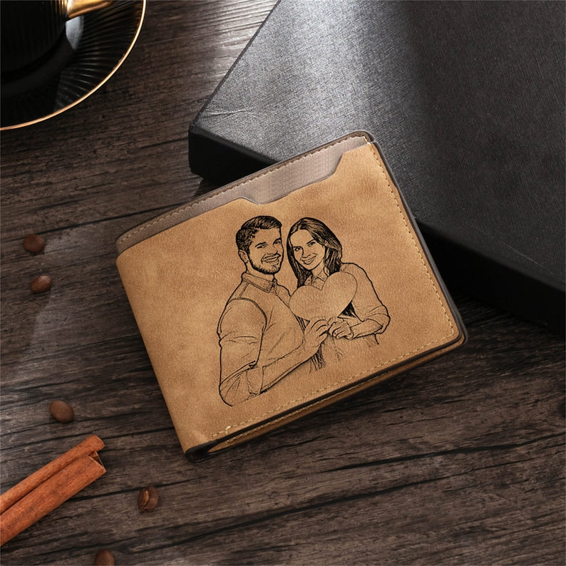 Personalized Picture Mens Wallet, Custom Engraved Photo Leather Wallet, Memory Anniversary Gifts for Dad,for Husband, Birthday Gifts for Him